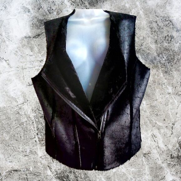 VEST MARC OF NEW YORK LEATHER/FAUX FUR Distressed ASYMMETRICAL ZIP XL - Picture 2 of 7